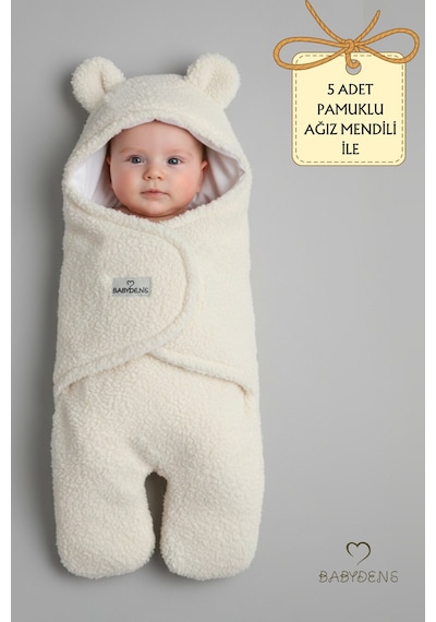 Babyden's 0-12 Ay Welsoft Peluş Bebek Dış Kundak Uyku Tulumu Ayıcık Kulaklı İçi %100 Pamuk Astarlı Battaniye Ekru