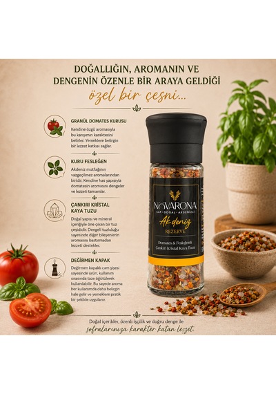 Novarona Domates&Fesleğenli Çankırı Kristal Kaya Tuzu - Değirmen Kapaklı Cam Şişe - Rezerve SerisiDomates&Fesleğenli Çankırı Kristal Kaya Tuzu - Değirmen Kapaklı Cam Şişe - Rezerve Serisi