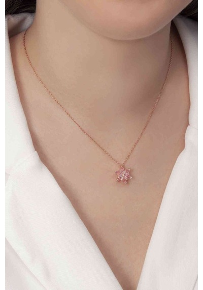 925 Ayar Gümüş Rose Kaplama Pembe Renkli Lotus Çiçeği Kolye