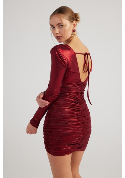 Holly Lolly Parlak Kumaşlı Drapeli Mini Karly Elbise Bordo
