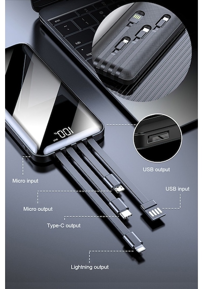 10.000 Mah Dijital Göstergeli Çoklu Kablolu Powerbank