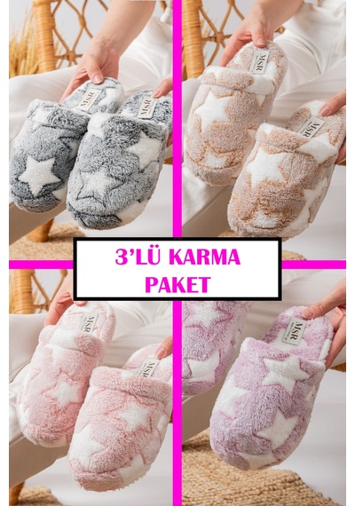 3 Lü Avantajlı Paket Kışlık Peluş Desenli Sessiz Ortopedik Taban Çeyiz Misafir Ev Terliği Seti 3'lü Yıldız Terlik