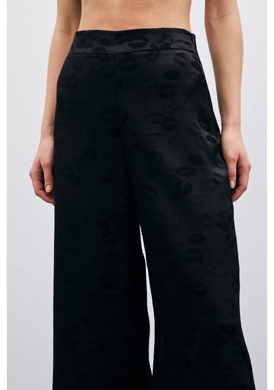 Sateen Bol Paça Desenli Pantolon - Siyah-135710 Siyah