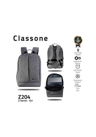Classone Bp-Z204 Zaino Serisi 15.6" Uyumlu Su Geçirmez Laptop Notebook Sırt Çantası Gri