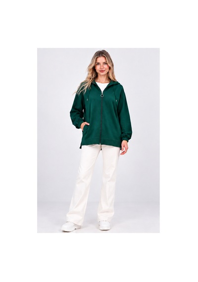 Fiolin Kristal 2 İplik Salaş Fermuarlı Sweatshirt Zümrüt Yeşili