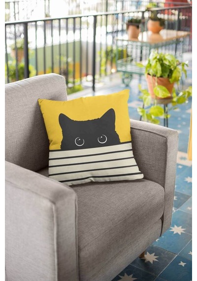 Sarı Kedi Desenli Çift Taraf Yastık Kırlent Kılıfı Krl064n11