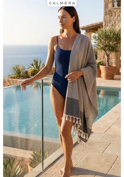 Calmera Çizgili Peştemal Pamuk - Doğal Saçaklı Plaj, Deniz, Havuz, Spa, Sauna, Spor, Seyahat Havlu - Siyah