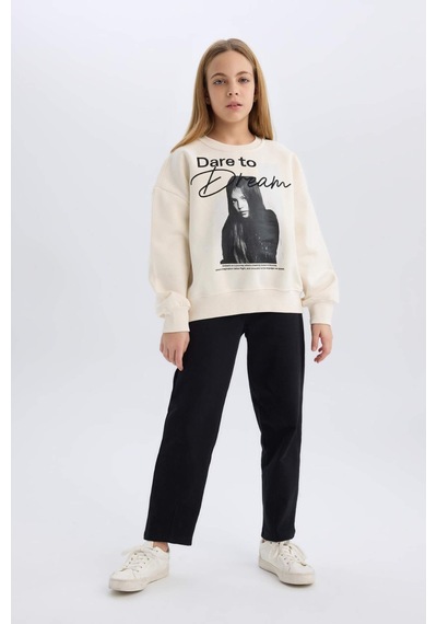 DeFacto Kız Çocuk Oversize Geniş Kalıp Bisiklet Yaka Baskılı Sweatshirt D5452A824WNER233 Ekru