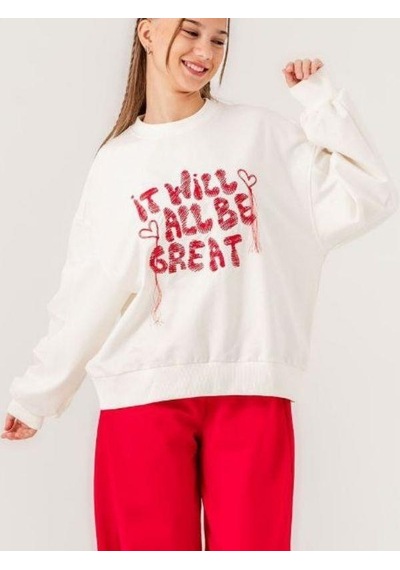 Kız Çocuk 2 İplik Nakışlı Sweatshirt-14212 Ekru