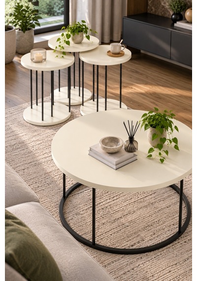Sulorahome Siyah Metal Ayaklı Krem Bej 4'lü Sehpa Seti Beyaz - Wenge