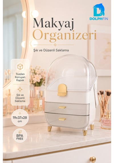 Kapaklı Makyaj Organizeri 2 Çekmeceli Taşınabilir Kozmetik Düzenleyici Beyaz