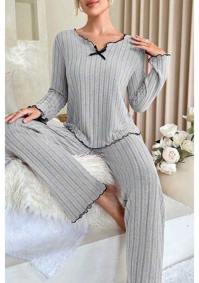 Moda Dua Kadın Gri Çizgili Uzun Kollu Fiyonk Detaylı Pijama Takımı Rahat Mevsimlik