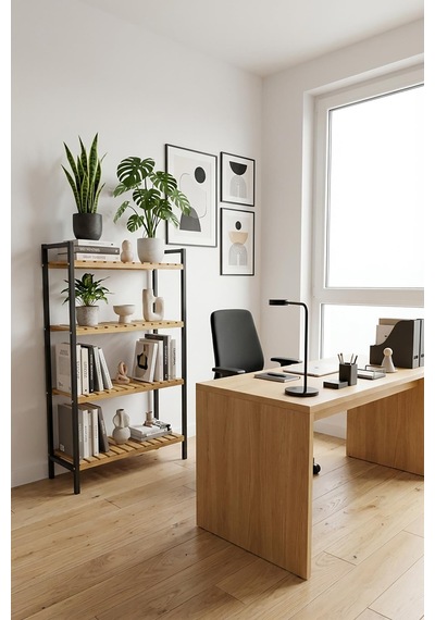 4 Katlı Metal Ofis Kitaplığı, Doğal Ahşap Raf, 4 Katlı Kitap Dosya Rafı - Depo, Arşiv, Siyah