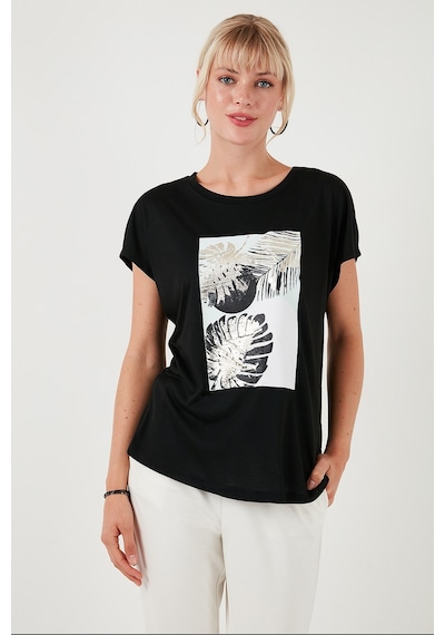 Lela Baskılı Bisiklet Yaka Regular Fit Bayan T Shirt 6671004 Siyah