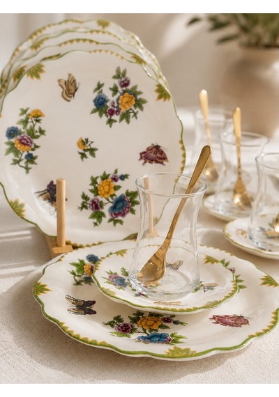 18 Parça Butterfly Garden Pasta Çay Takımı Seti-6134 beyaz
