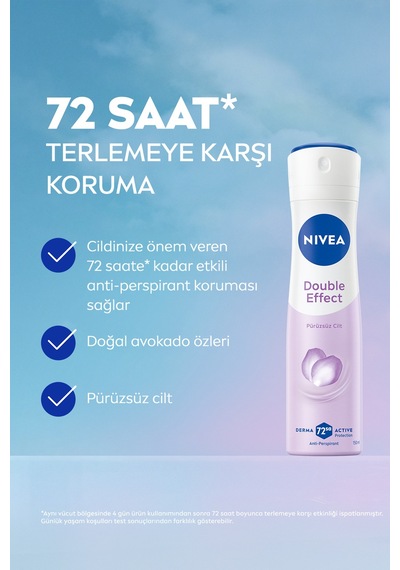 Kadın Sprey Deodorant Double Effect 150ml, 72 Saat Anti-perspirant Ter Koruması,pürüzsüz Koltuk Altı