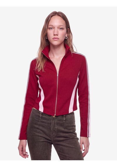 Koton Slim Fit Pamuklu Şeritli Dik Yaka Uzun Kollu Fermuarlı Sweatshirt Bordo 7wal10413ık