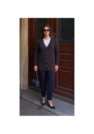 Onno Style Women Kalp Desenli Klasik Triko Düğmeli Ceket Lacivert - Bordo