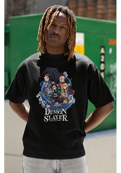 Sevbano Demon Slayer Kimetsu No Yaiba Baskılı Unisex Oversize Anime Dizi Siyah