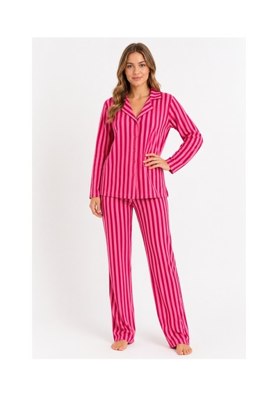 Sleeproom Kadın Süet Mevsimlik Uzun Kol Pembe Pembe Çizgi Desen Pijama Takımı