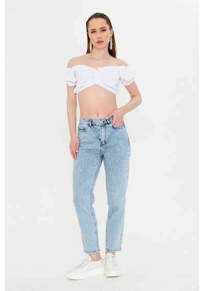 Kutaf Kar Yıkama Açık Mavi Slim Fit Mom Jean Açık Mavi
