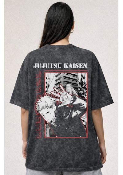 Itadori Yuji Jujutsu Kaisen Anime Baskılı Unisex Oversize Eskitme Siyah
