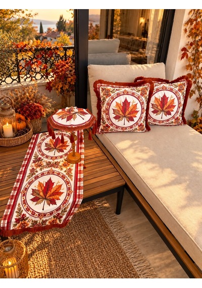Missidea Fall Elegance Yaprak Desenli Dekoratif Masa Üstü Lambası Bali Şemsiyesi Seti Şemsiye + Runner + 2 Li Kırlent Kılıfı Çok Renkli