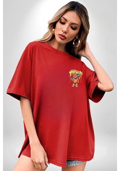 Sık Sık Mutlu Gülmek Teddy Bear Kırmızı Oversize Unisex Ön Ve Sırt Baskılı Tişört Kırmızı