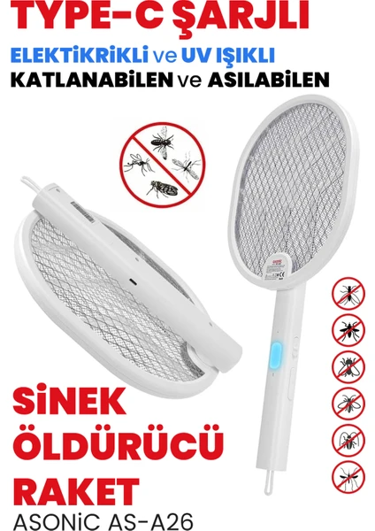 Güncelçarşı Type-c Şarjlı Uv Işıklı Sinek Raketi 1200mah 3000v Çıkış Katlanabilir Askılı Raket Sinek Kovucu, Asonic As-a26