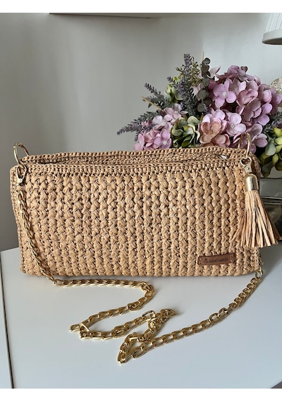 El Yapımı Örgü Kağıt İp Kadın Clutch Çanta Zincir Askılı Bej