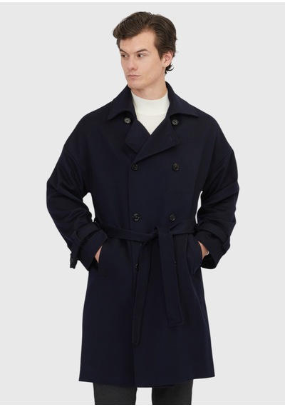 Ramsey Lacivert Oversize Fit Kruvaze Yaka Dokuma Palto