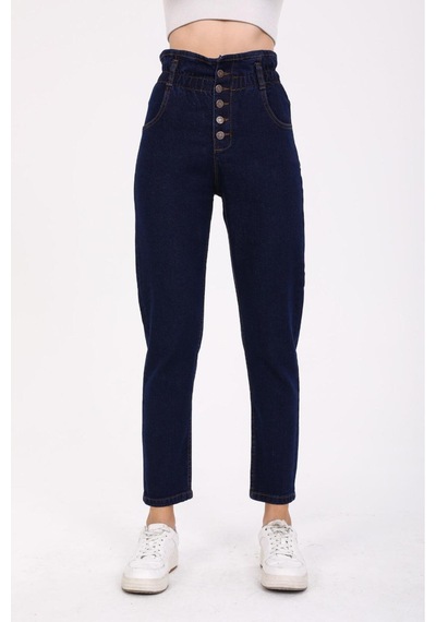 Kene Jeans Kadın Lacivert Patlet Düğmeli Kemer Büzgülü Mom Kot Pantolon Lacivert