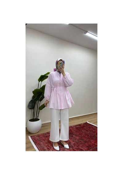 Moonsc Kadın Nervürlü Keten Tesettür Gömlek - Pembe