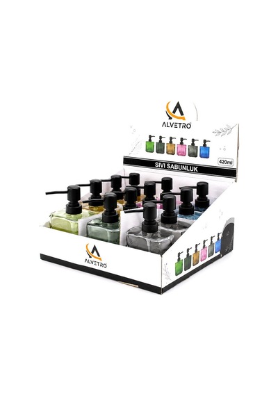 Alvetro Alv-06 Şeffaf Renkli Cam Sıvı Sabunluk 420 Ml - Dikdörtgen Çizgili Şişe- 12'li Paket Diğer