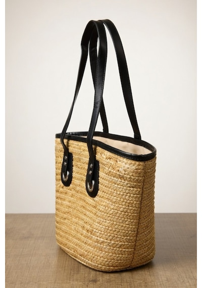 Mollycrush Kadın Hasır Omuz Çantası - Siyah Deri Detaylı Geniş Plaj Ve Şehir Çantası Camel