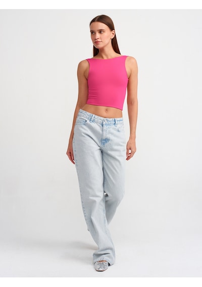 Dilvin Sırtı Açık Crop Top Fuşya