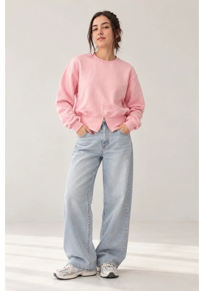 Bbbutikbasic Fermuar Detaylı Şardonlu 3 İplik Kadın Sweatshirt My3535 Pembe