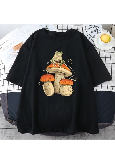 Flood Of Style Erkek Siyah Mantar Baskılı Oversize Bisiklet Yaka Tshirt