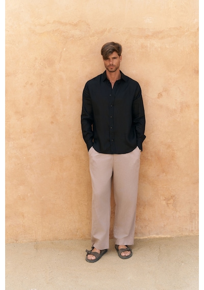 Mai Collection Mai Studios Co. Agnola Oversize Erkek Siyah Keten Gömlek Siyah