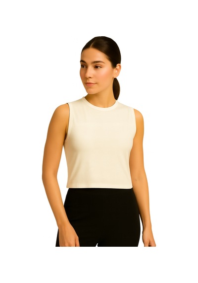 İngegno Body Bisiklet Yaka Sıfır Kol Crop %95 Viskon Ring Örme Kumaş Body Ekru