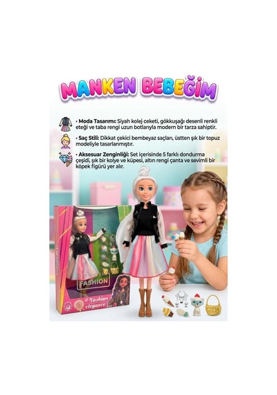 Kolej Ceketli Manken Bebek Seti - Gökkuşağı Eteklli Dondurma Aksesuarlı Ve Evcil Hayvanlı Oyuncak Moda Bebeği