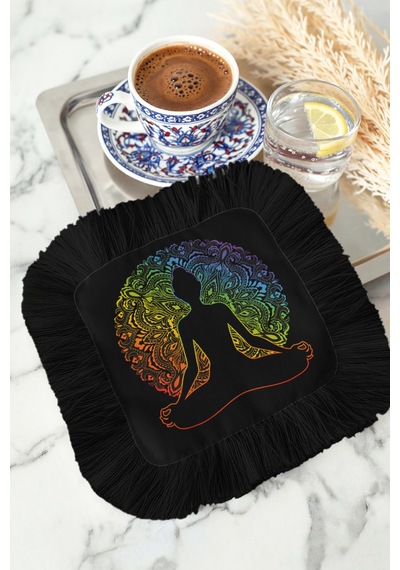 Mandala Meditasyon Sanatı Püsküllü Sunum Peçetesi - Yoga Bohem Siyah Renkli Bardak Altlığı Mendil Çok Renkli