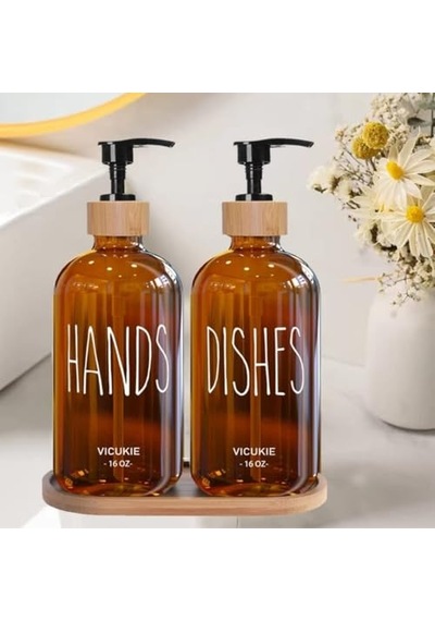 Dispenser Seti 2 Li Şişe Hands Dishes Etiketli Bambu Kapaklı Sıvı Sabun Deterjan Pompası Çok Renkli