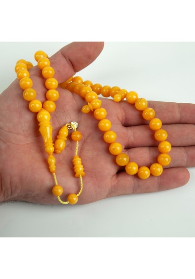 Sıkma Kehribar Çubuk Küre Kesim 9.5mm Tesbih - Sarı Sarı