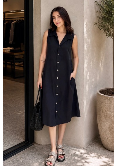 Bb Butik Basic Dokuma Kumaş Kolsuz Düğmeli Gömlek Elbise Cepli Midi Yazlık Elbise My3535 Siyah Bb Butik Basic Dokuma Kumaş Kolsuz Düğmeli Gömlek Elbise Cepli Midi Yazlık Elbise My3535 Siyah