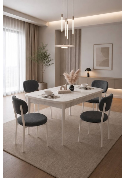Renlife Açılır Yemek Masası Ve Sandalye Seti Metal Ayaklı 4 Sandalye + 80x130 Masa Beyaz Mermer Krem Beyaz Mermer Antrasit Renlife Açılır Yemek Masası Ve Sandalye Seti Metal Ayaklı 4 Sandalye + 80x130 Masa Beyaz Mermer Krem Beyaz Mermer Antrasit