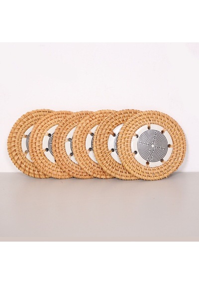 Labirent 6'lı Doğal Rattan Ve El Yapımı Seramikli Bardak Altlığı Diğer