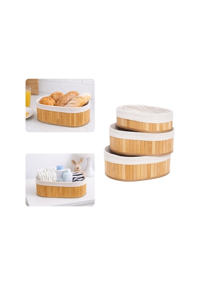 3'lü Bambu Sepet - Naturel Astarlı Çok Amaçlı Saklama Kutusu Bej