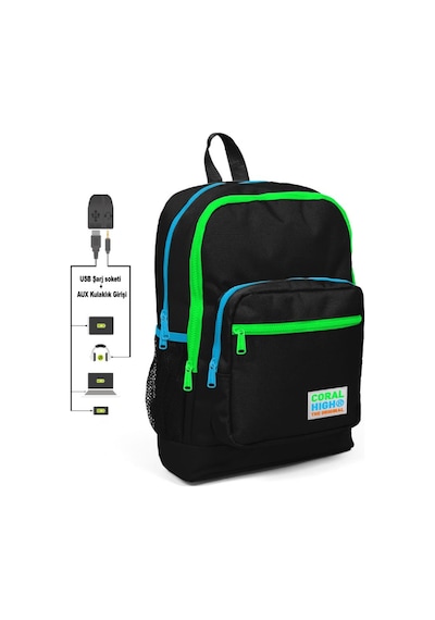 Coral High Siyah-Yeşil-Mavi İlkokul ve Günlük Sırt Çantası  Erkek Çocuk - USB ve AUX Soketli