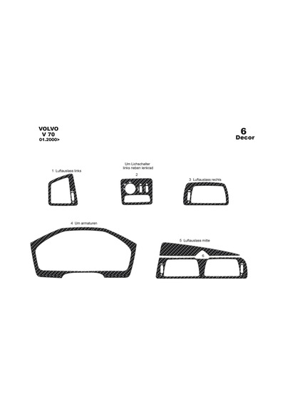 Volvo V70 Uyumlu Torpido Kaplama 2000-2005 6 Parça Karbon